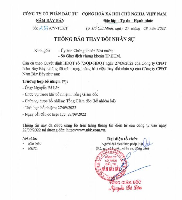 CBTT – Bổ nhiệm Tổng Giám đốc đối với ông Nguyễn Bá Lân