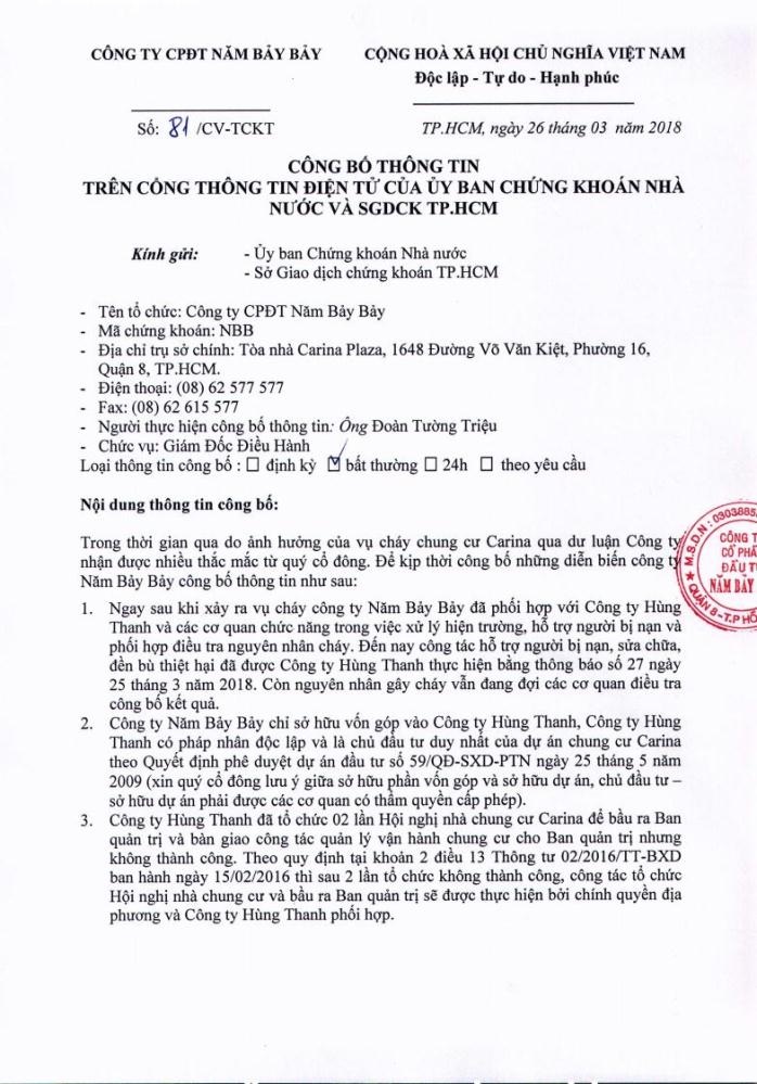 CBTT liên quan vụ hỏa hoạn tại chung cư Carina Plaza