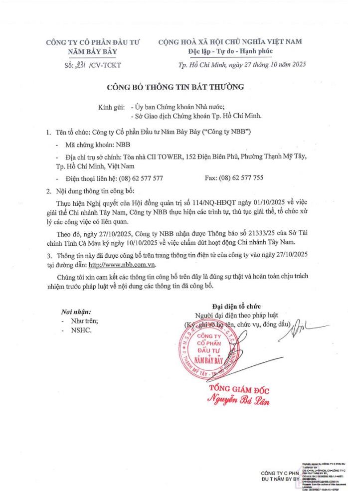 Thông báo chấm dứt hoạt động Chi nhánh Tây Nam