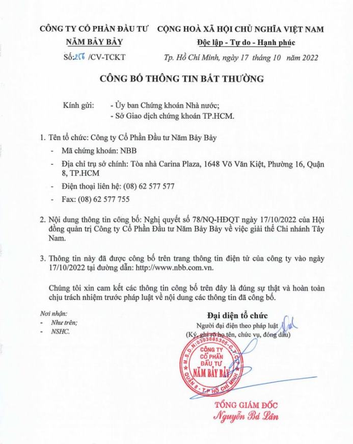 CBTT – Nghị quyết HĐQT v/v giải thể Chi nhánh Tây Nam