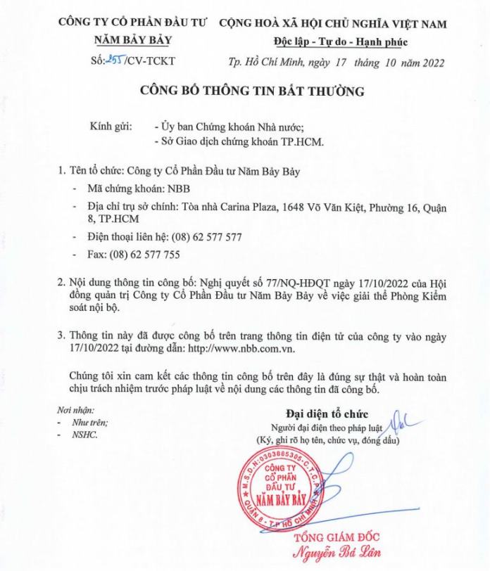 CBTT – Nghị quyết HĐQT v/v giải thể phòng Kiểm soát Nội bộ