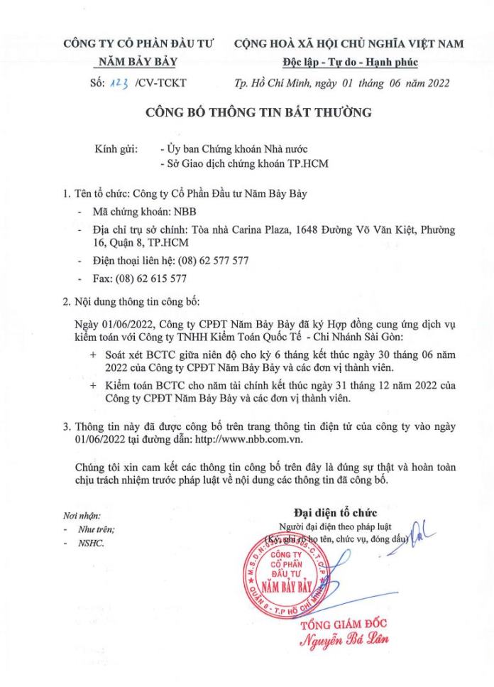 CBTT – Ký kết HĐ kiểm toán BCTC năm 2022