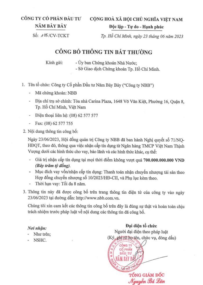 CBTT – Nghị quyết HĐQT v/v nhận cấp tín dụng từ ngân hàng TMCP Việt Nam Thịnh Vượng