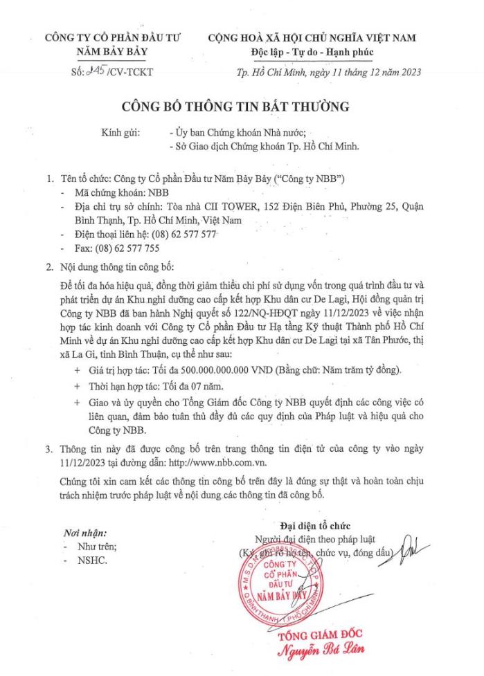 CBTT – Nghị quyết HĐQT v/v nhận hợp tác với CII về dự án De Lagi