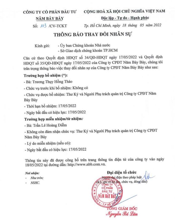 CBTT – Thông báo thay đổi nhân sự