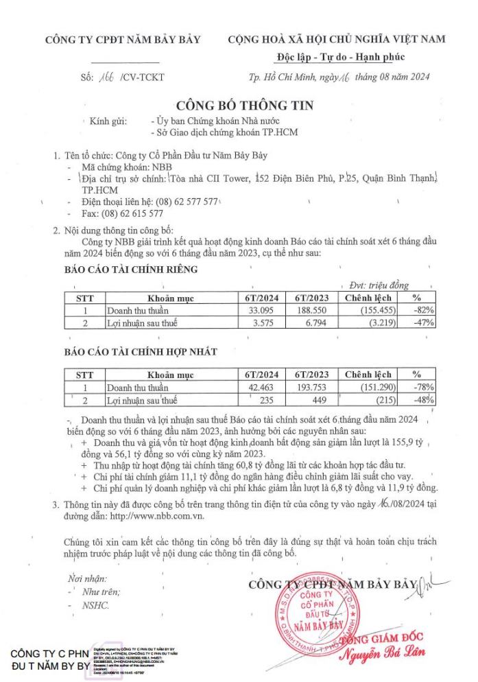 Giải trình kết quả hoạt động kinh doanh BCTC soát xét 6 tháng đầu năm 2024