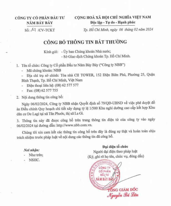 NBB nhận Quyết định phê duyệt đồ án điều chỉnh quy hoạch 1/500 dự án De Lagi