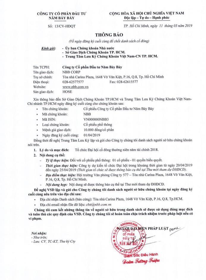 Thông báo ngày đăng ký cuối cùng chốt danh sách cổ đông