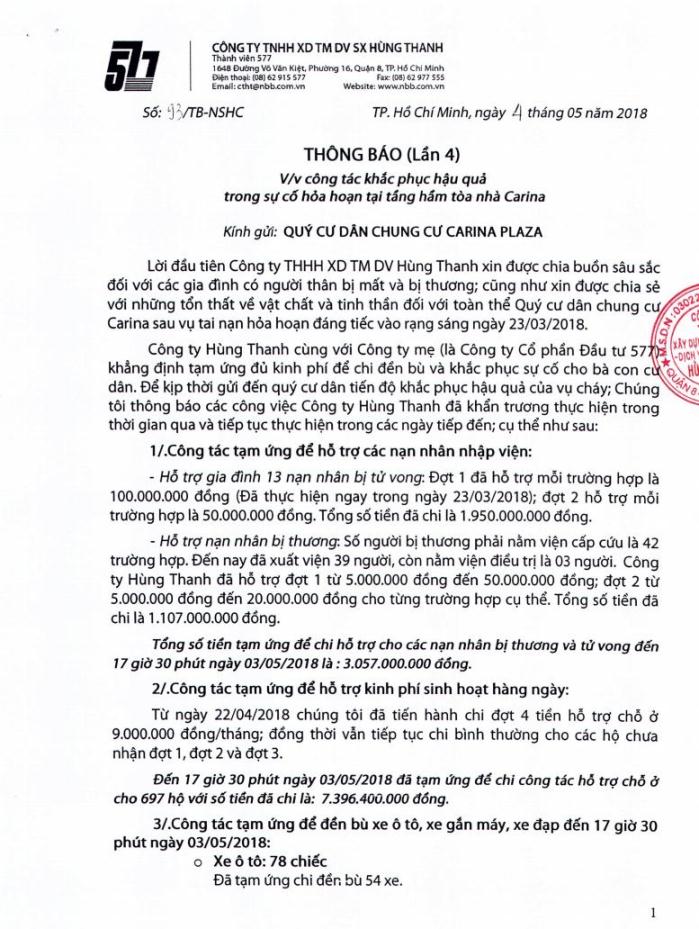 TB công tác khắc phục sự cố hỏa hoạn tại Carina Plaza (lần 4)