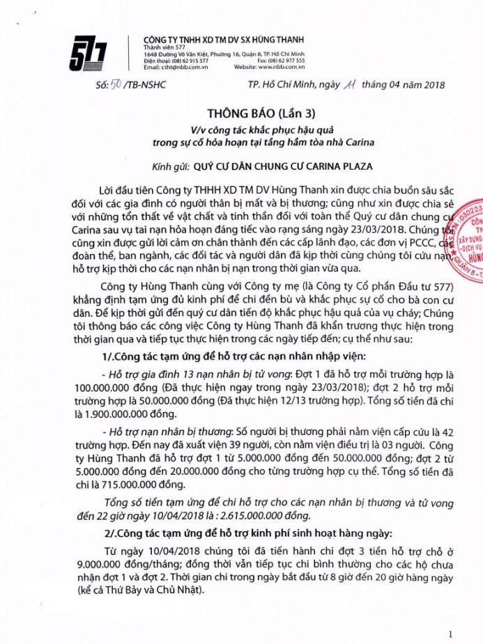 TB công tác khắc phục sự cố hỏa hoạn tại Carina Plaza (lần 3)
