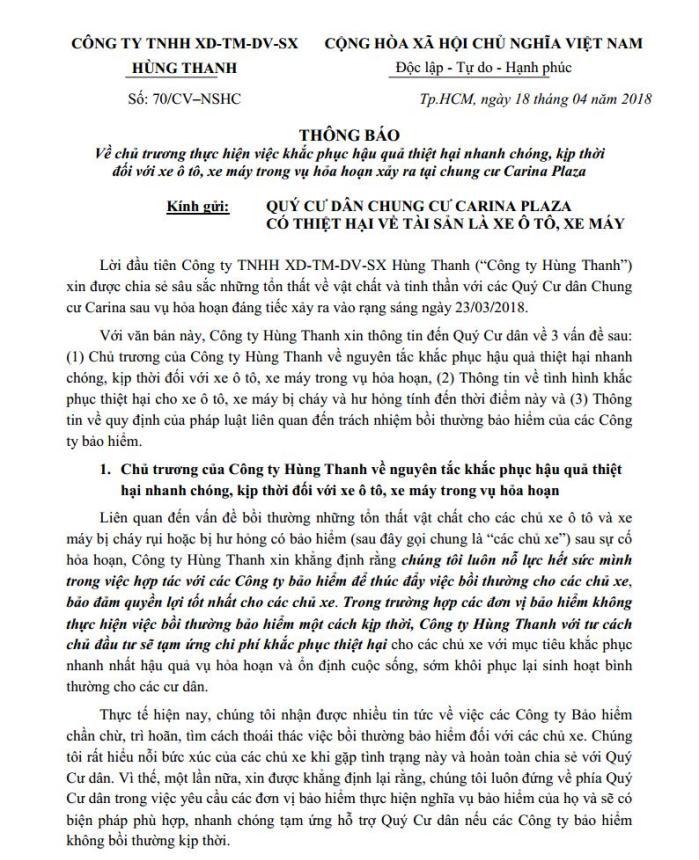 TB v/v khắc phục hậu quả thiệt hại xe trong vụ hỏa hoạn tại Carina