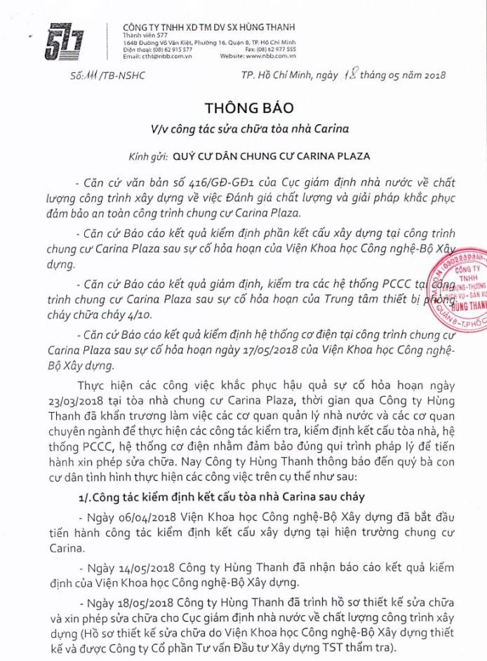 TB công tác sửa chữa tòa nhà Carina